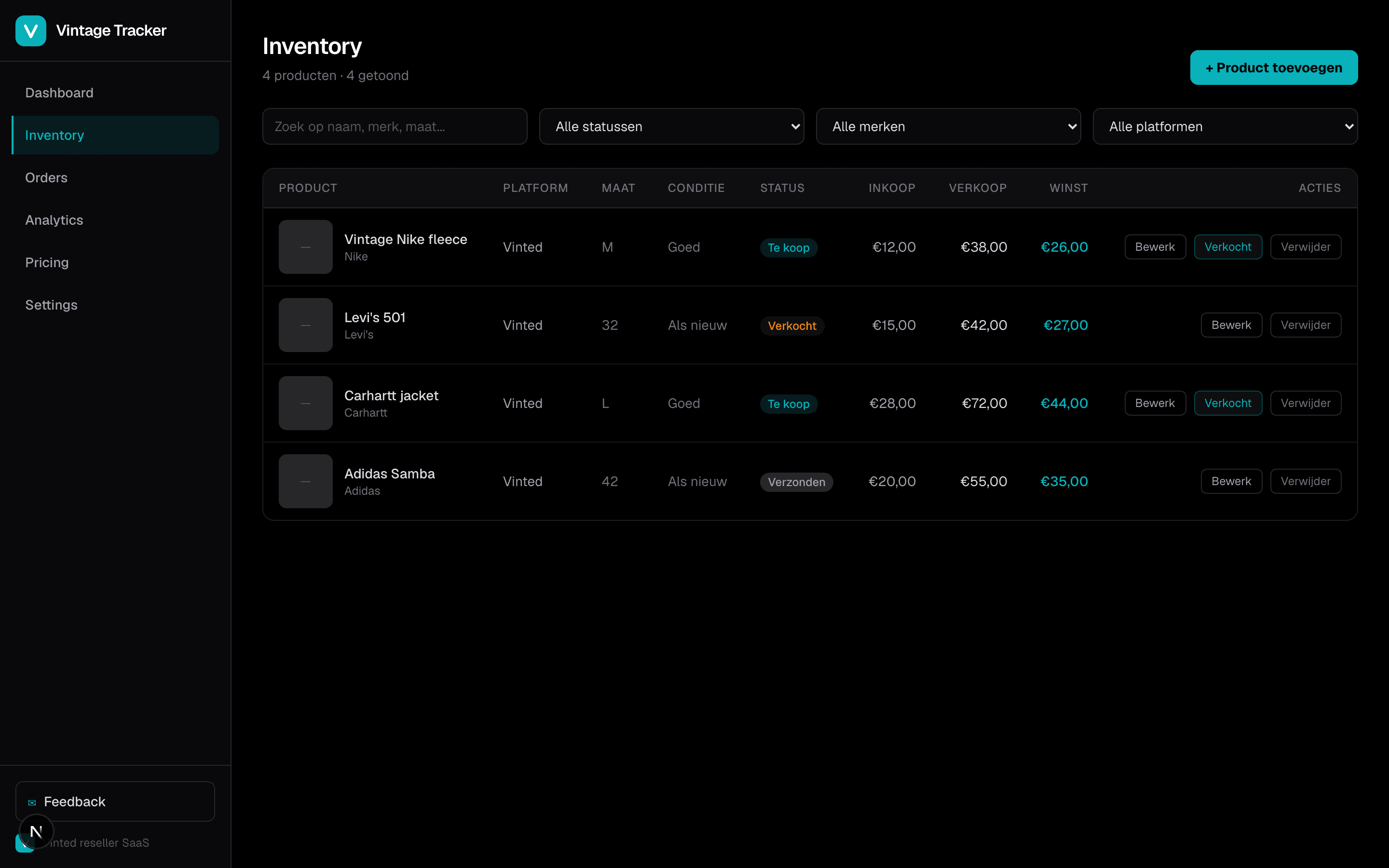 Vintage Tracker inventory with products and filters