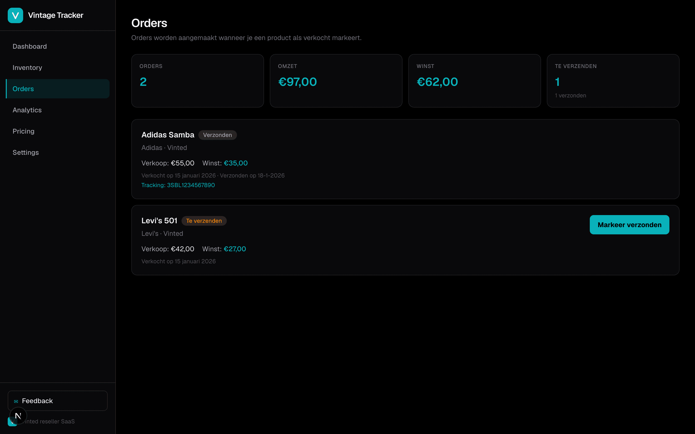 Vintage Tracker orders with shipping status
